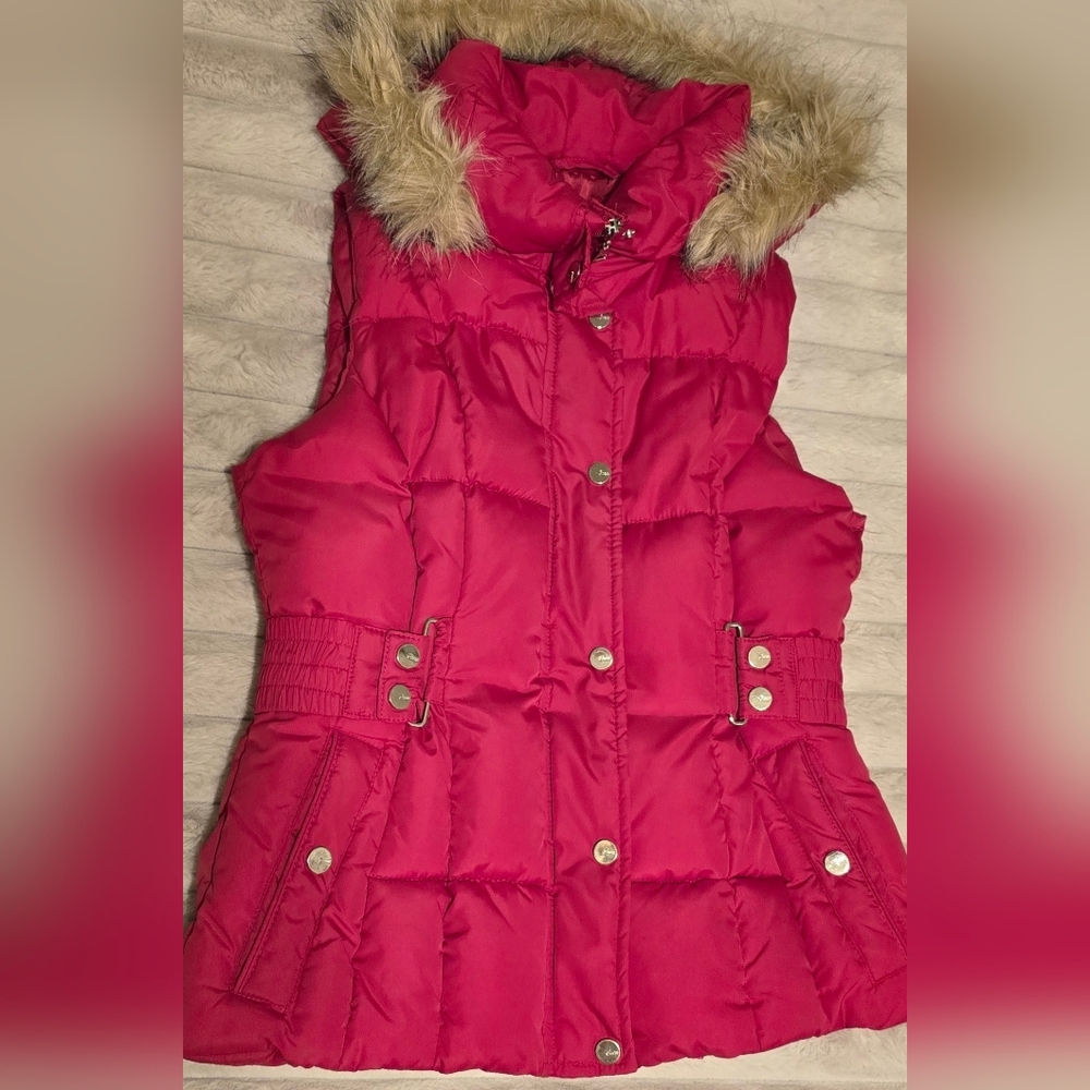 Guess Pink Puffer Vest with Faux Fur Trimmed Hood